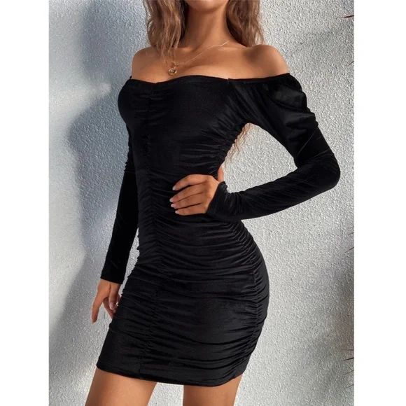 Ruched Black Velvet Mini Dress - Picture 6 of 9
